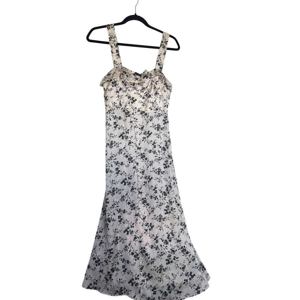 Zara Floral Midi Dress Cream Black Ruffle Sweetheart Smocked Back Sz M Romantic
